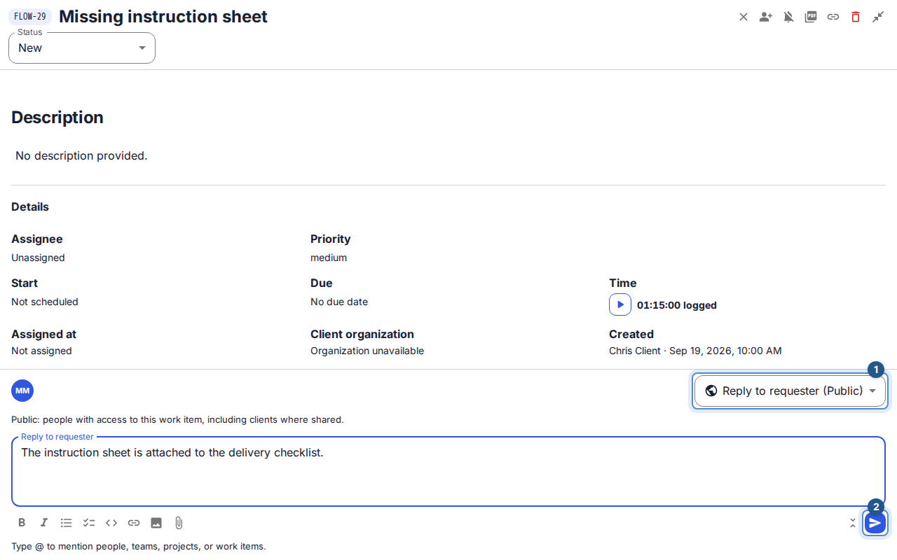 Step 3: the public reply composer contains the client-ready answer; its audience label and send action distinguish it from an internal note.