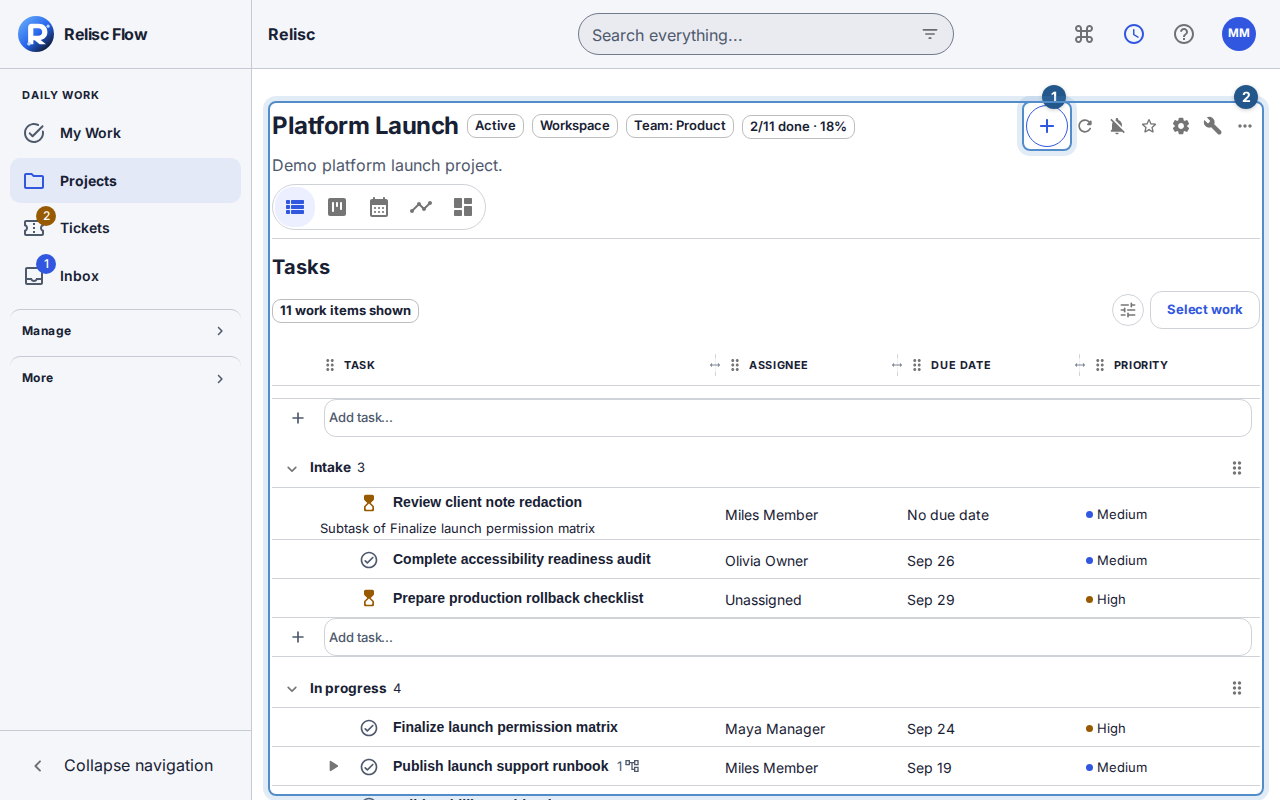 The new project header offers Add task and the five project views.