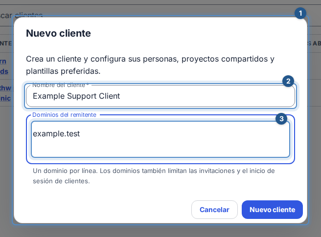 Pasos 1–2: el diálogo Nuevo cliente identifica al cliente y sus dominios del remitente.
