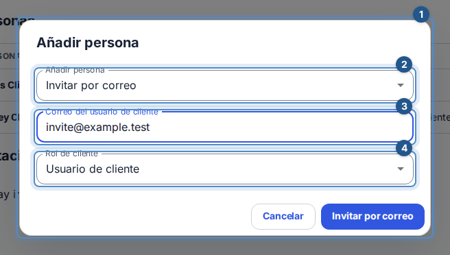 Pasos 3–4: Añadir persona invita por correo o agrega una cuenta de cliente existente.