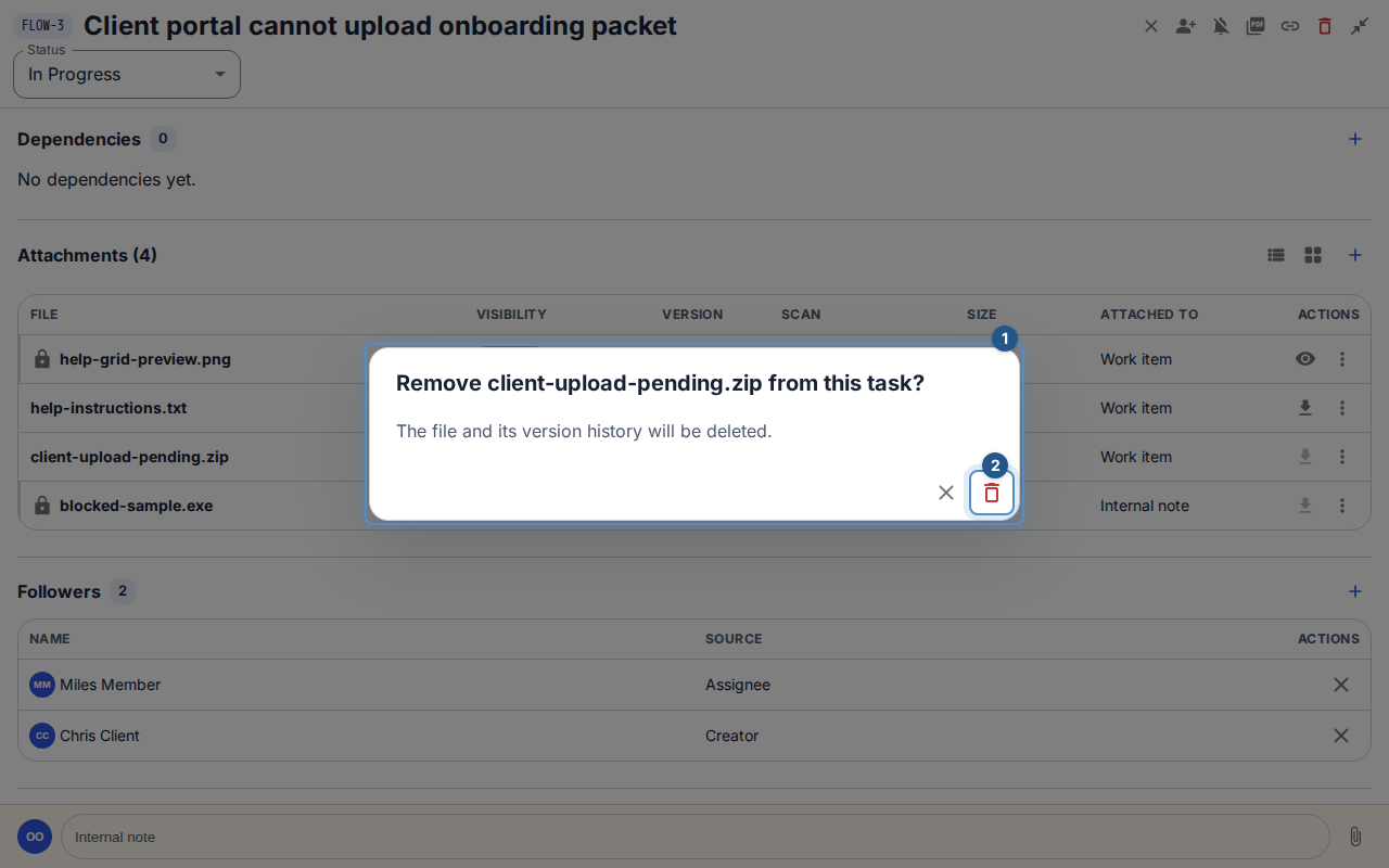 The removal confirmation states whether the file is retained elsewhere or deleted with its history.