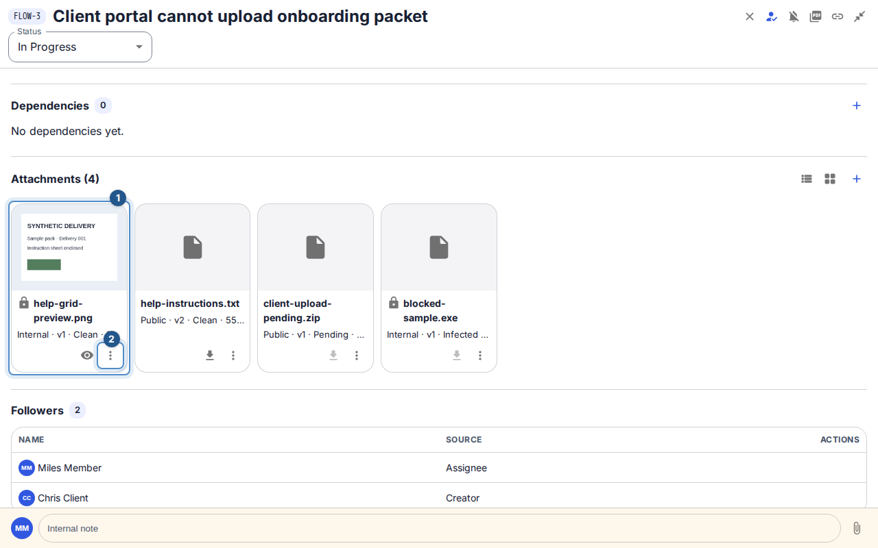 Attachment cards keep file previews, compact captions and the same permitted actions as rows.