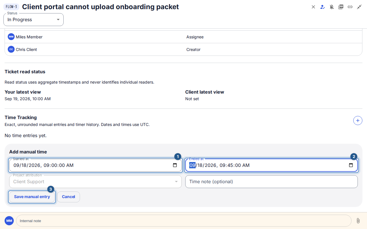 The manual-time form shows start, end, project attribution, and the explicit save action.