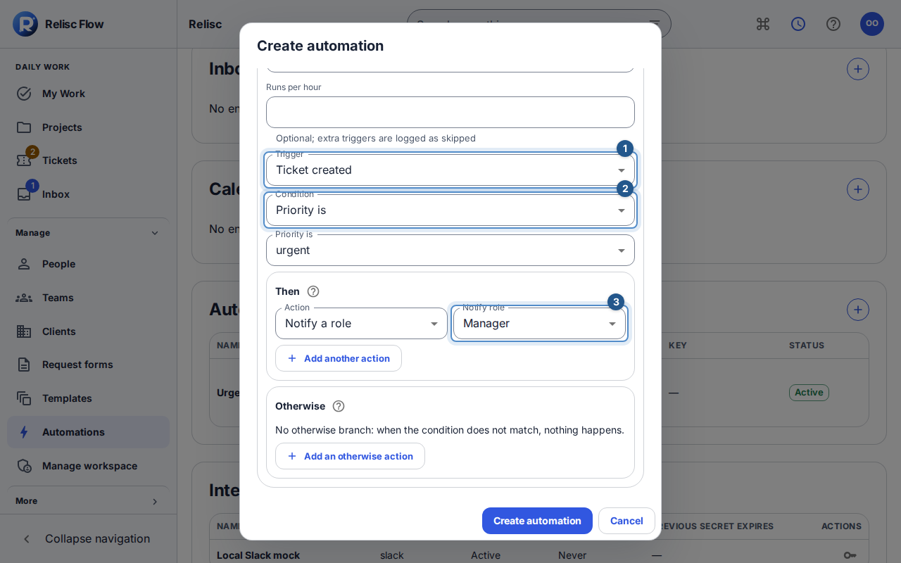 Steps 4–5: review the trigger, condition, and action target together before creating the rule.