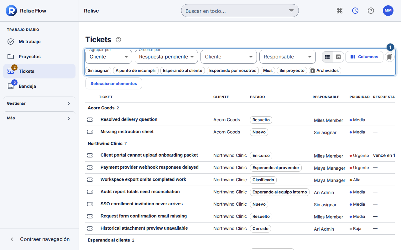 La cola interna de tickets muestra filtros de cliente, responsable y filtros rápidos que acotan los resultados.