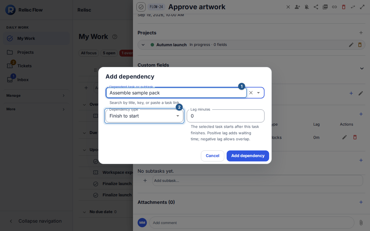 Step 2: the dependency dialog starts on Approve artwork and selects Assemble sample pack as the dependent task, with Finish to start and zero lag.