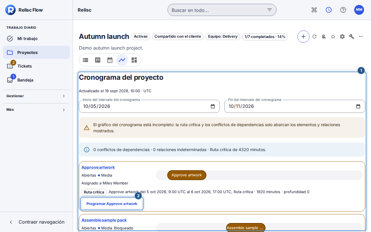 Paso 3: el cronograma del lanzamiento muestra el trabajo de las entregas con sus fechas y etiquetas de ruta crítica.