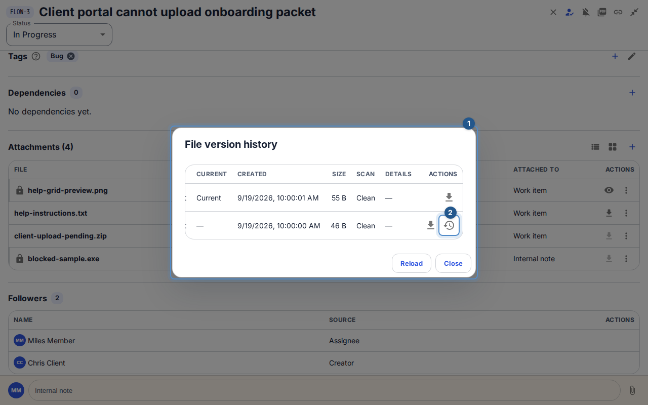 File version history distinguishes the current version and the permitted download and restore actions.