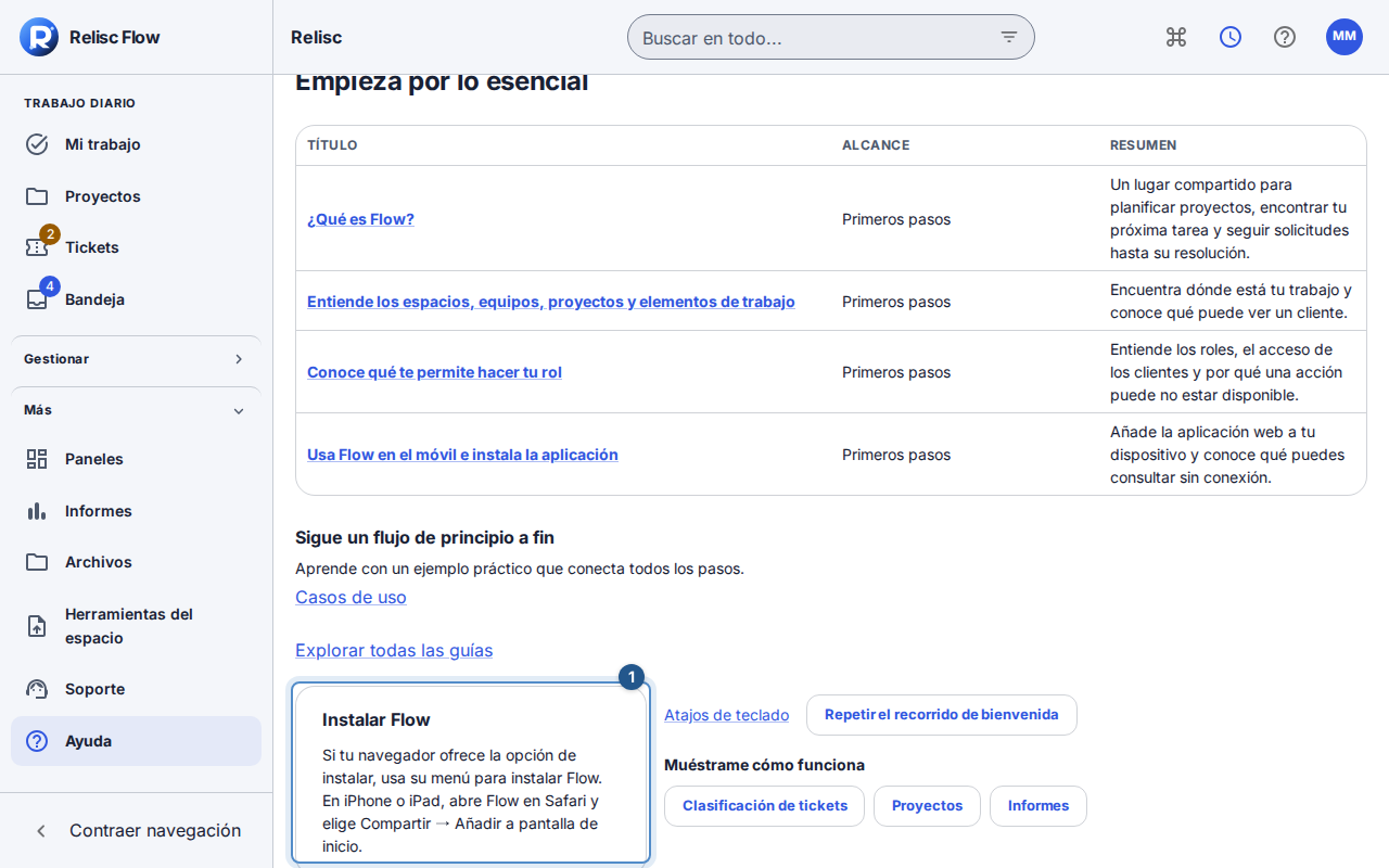 La tarjeta Instalar Flow muestra la acción de instalación o las instrucciones para el navegador actual.
