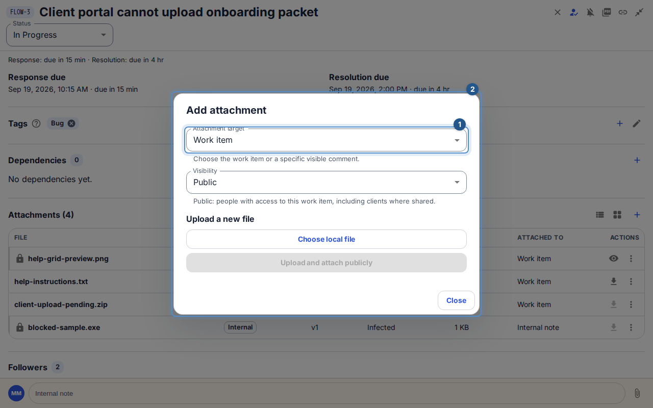 The attachment dialog identifies the destination and local-file chooser before upload.