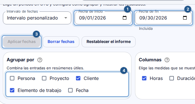 Paso 3: aplica el período del informe y selecciona la agrupación por Cliente y Elemento de trabajo.