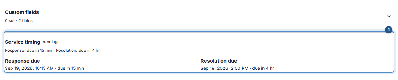 Service timing shows the separate response and resolution targets farther down the same ticket.