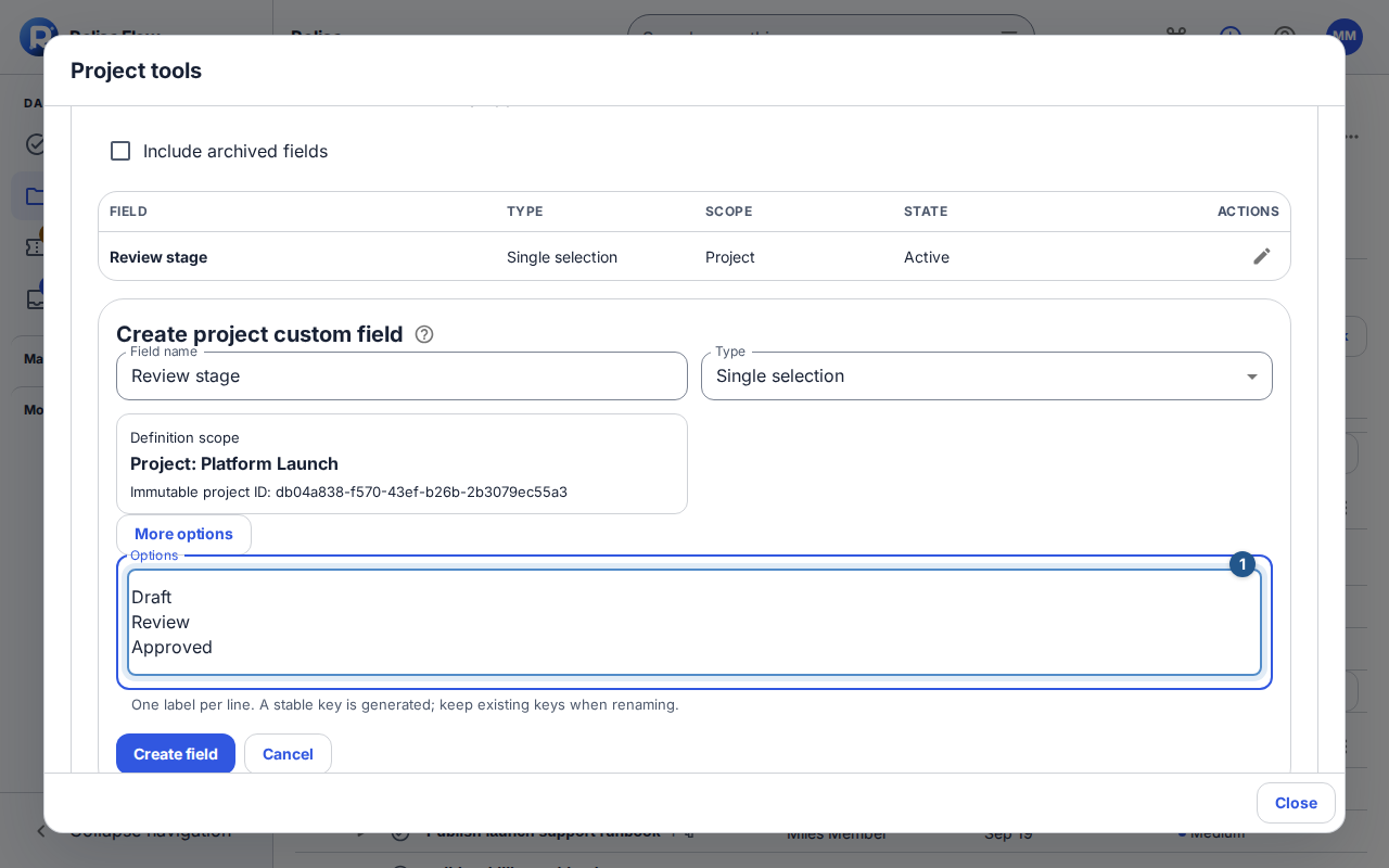 Enter the option labels for the selected type in the next part of the same field editor.