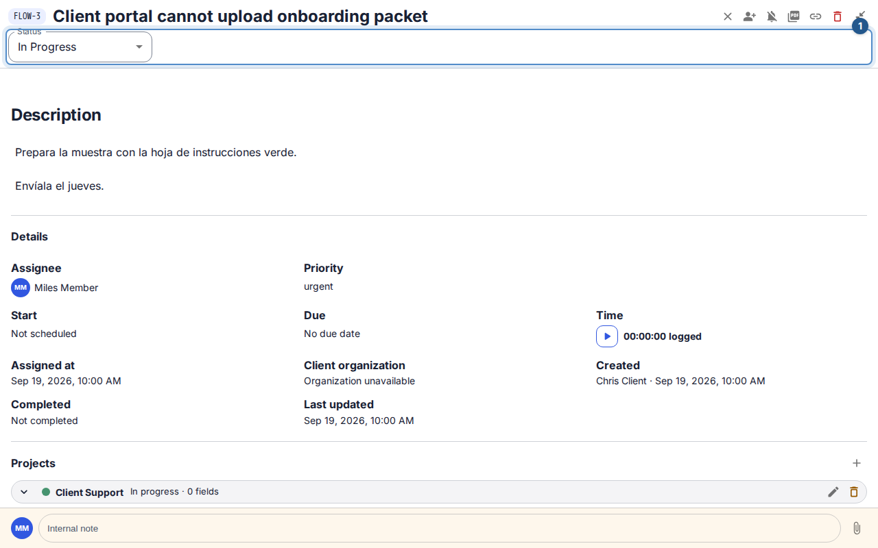 Step 3: the Status control offers the next transitions for the open ticket.