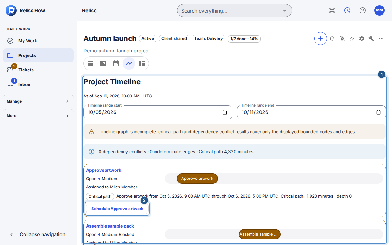Step 3: the launch timeline shows the dated handoff work and its critical-path labels.