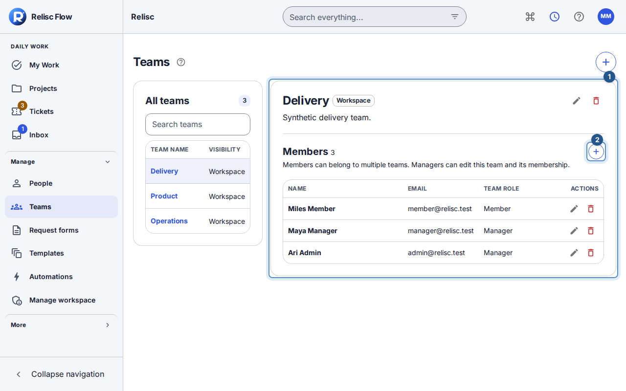 A synthetic team is selected in Teams, with its description and membership controls.