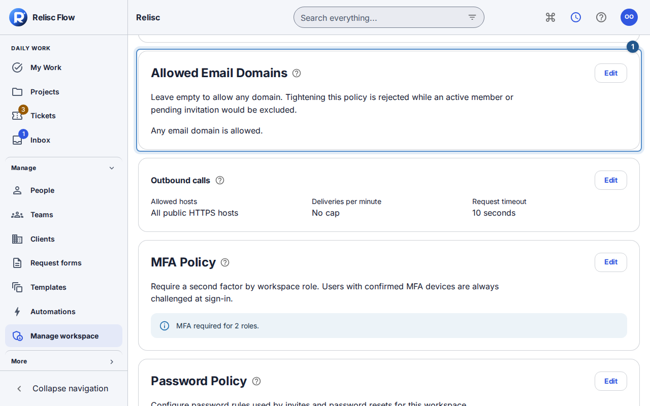 The Allowed Email Domains card shows the saved domain policy for a synthetic workspace.