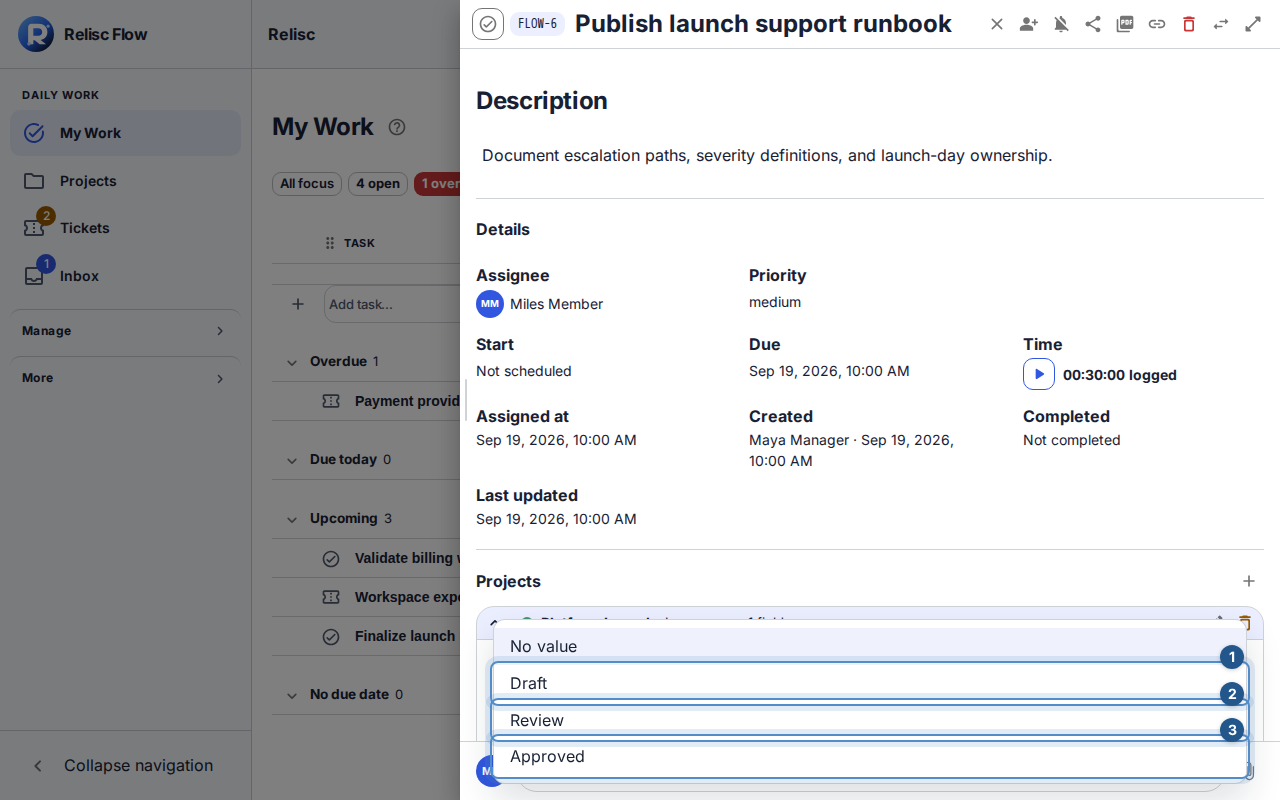 A task's custom-field value editor offers the approved Review stage choices.