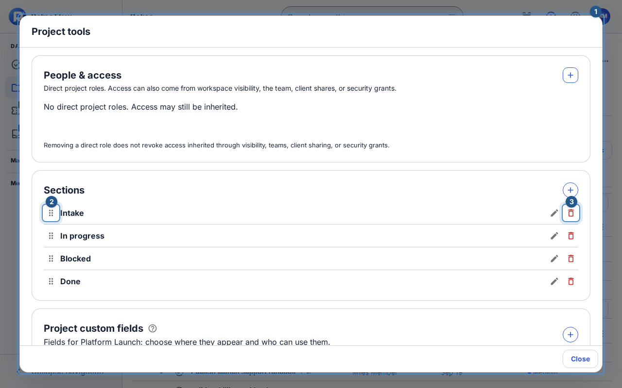 Project tools shows section names with add, rename, movement, and delete controls.