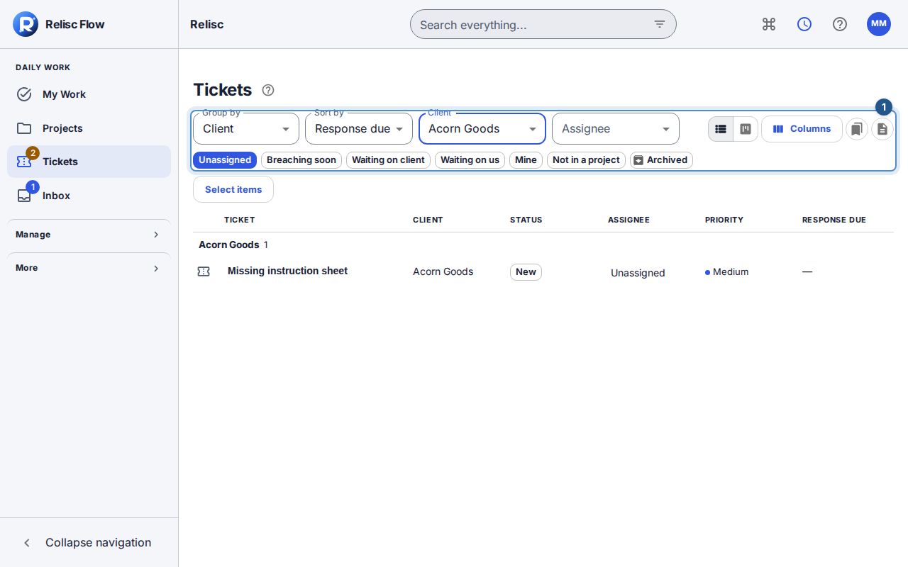 Step 2: the Unassigned queue and client filter bring Acorn's new request into view before a teammate takes responsibility.