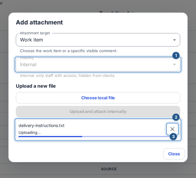Steps 1–3: an internal file is uploading in its own queue row. The named Remove control cancels its unfinished upload. Scanning and attachment follow; this pending state is not a clean result.