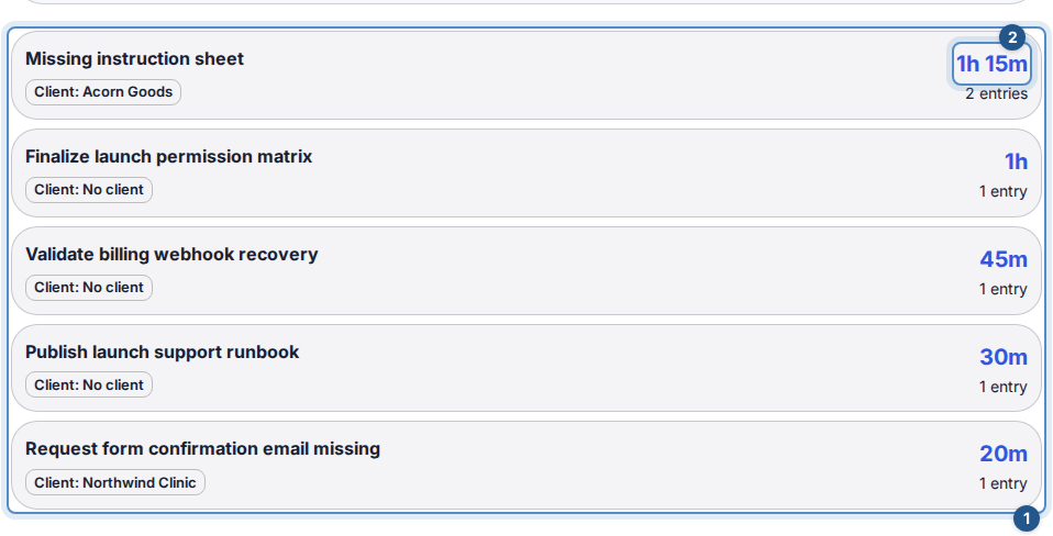 Step 3: the result identifies Acorn's work and the two entries totaling 1 hour 15 minutes.