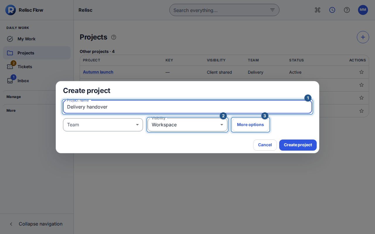 Create project shows the name, team, and visibility; More options holds the key and description.