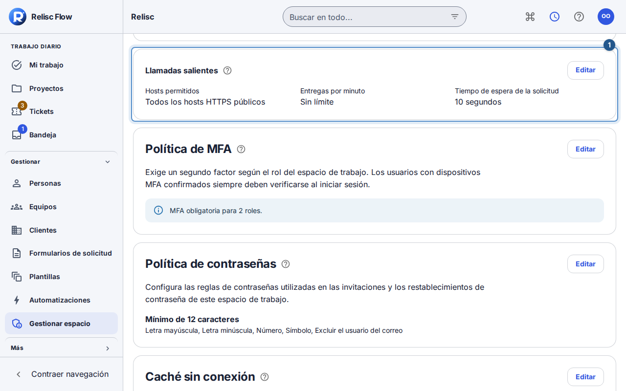 La política de llamadas salientes muestra los hosts permitidos, el límite de entregas y el tiempo de espera.