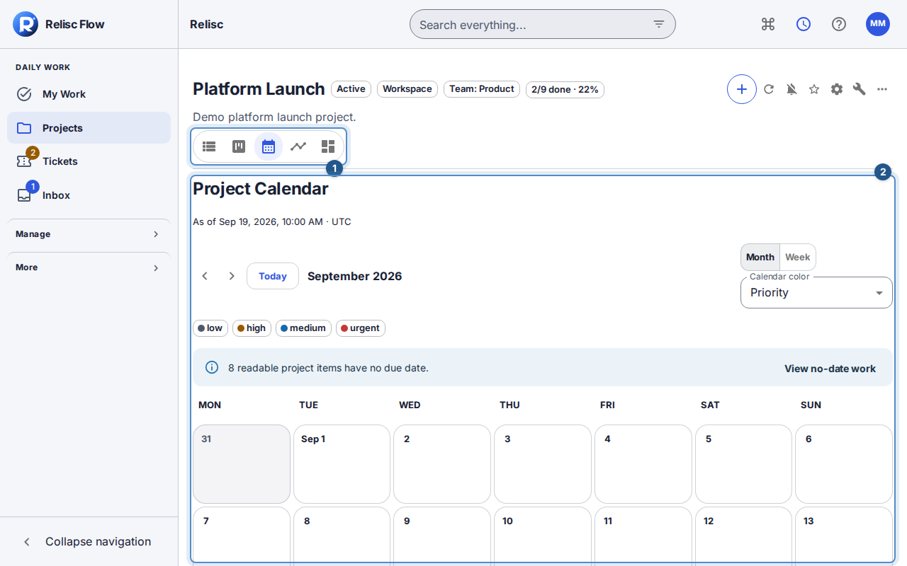 Calendar exposes month/week controls and the option to find work without a due date.