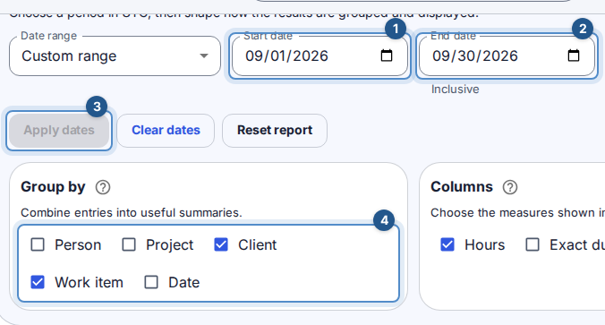 Step 3: apply the reporting period and select Client plus Work item grouping.